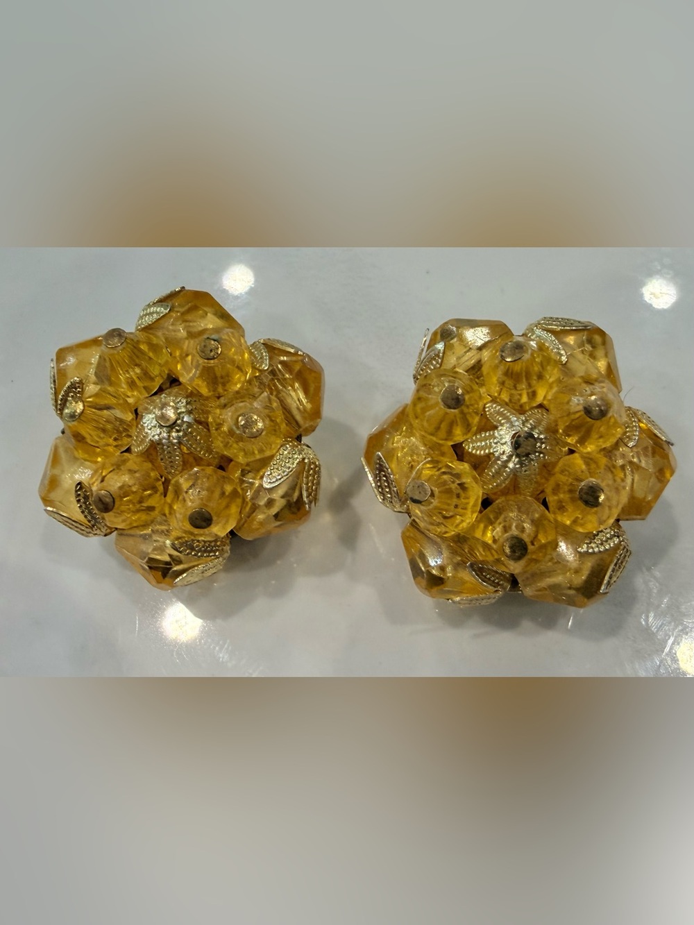 West Germany Amber colored Gold-Tone Crystal Cluster Vintage Clip-On Earrings